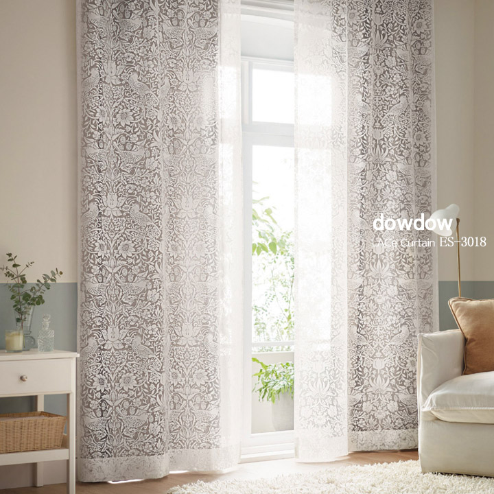 ウィリアムモリス】いちご泥棒のオパールプリントのレースカーテン【ES