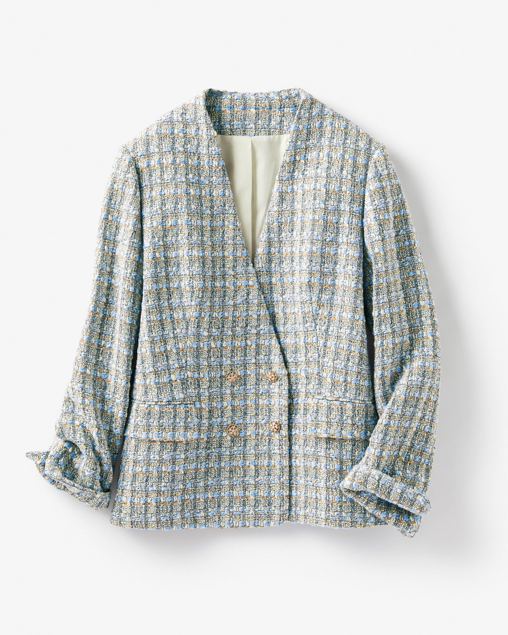 カラーツイード・ノーカラーVジャケット/DoCLASSE