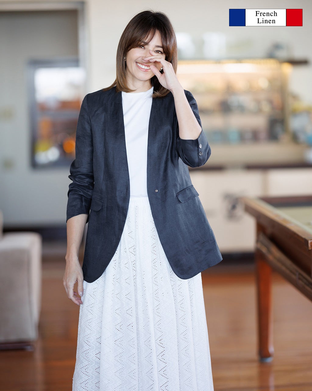 フレンチリネン・バスケット織りノーカラージャケット/DoCLASSE