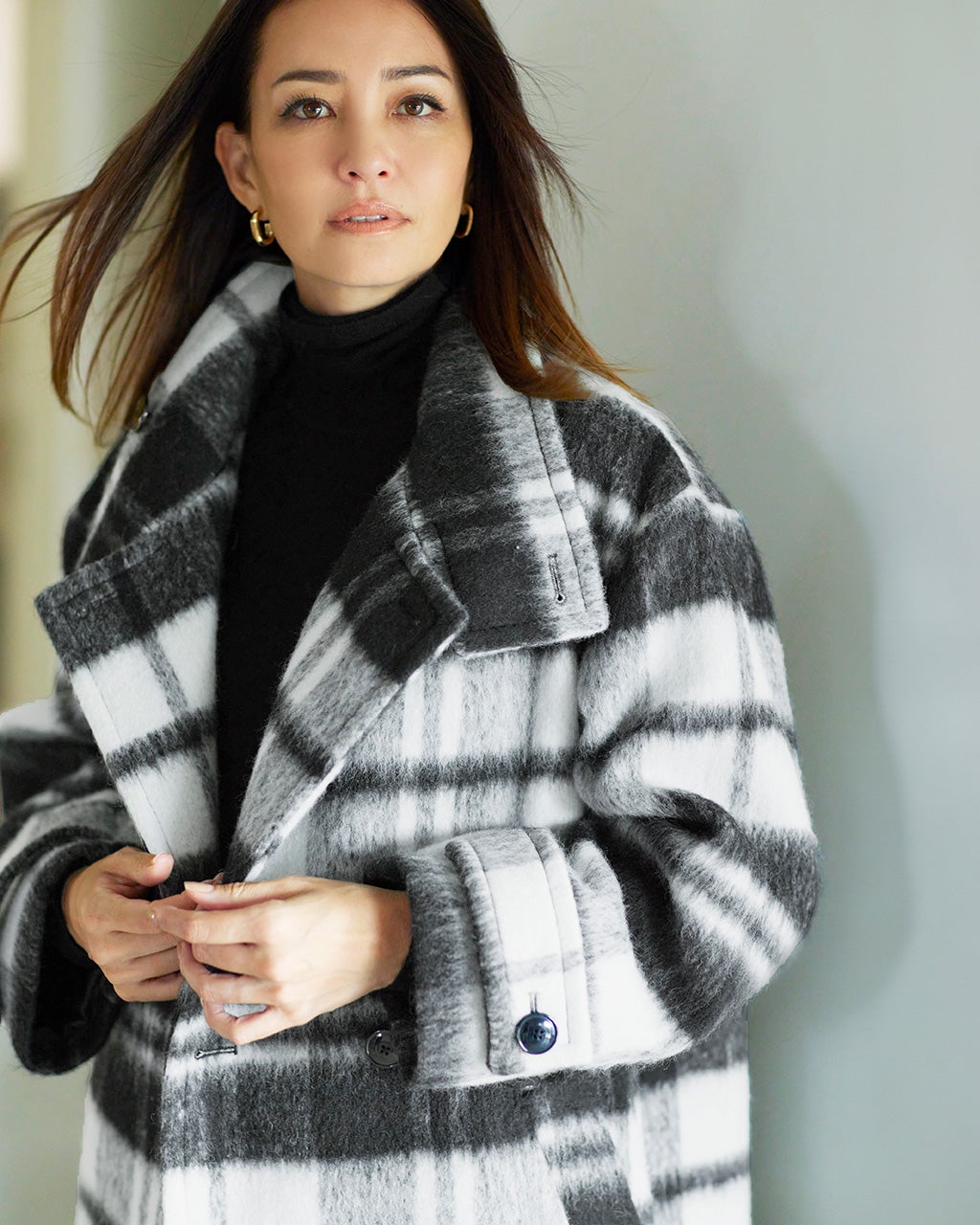 シャギーチェック・スタンドカラーコート/DoCLASSE