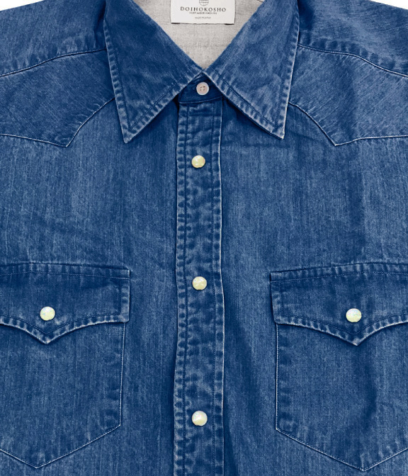製品洗い加工】ネイビー インディゴ デニム ウエスタンシャツ | 土井縫