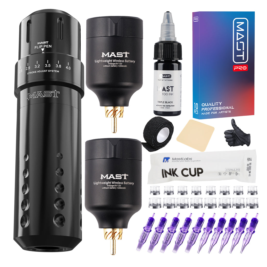 Mast Flip Tattoo Pen Machine 2.6-4.0mm Stroke Wireless Battery Kit