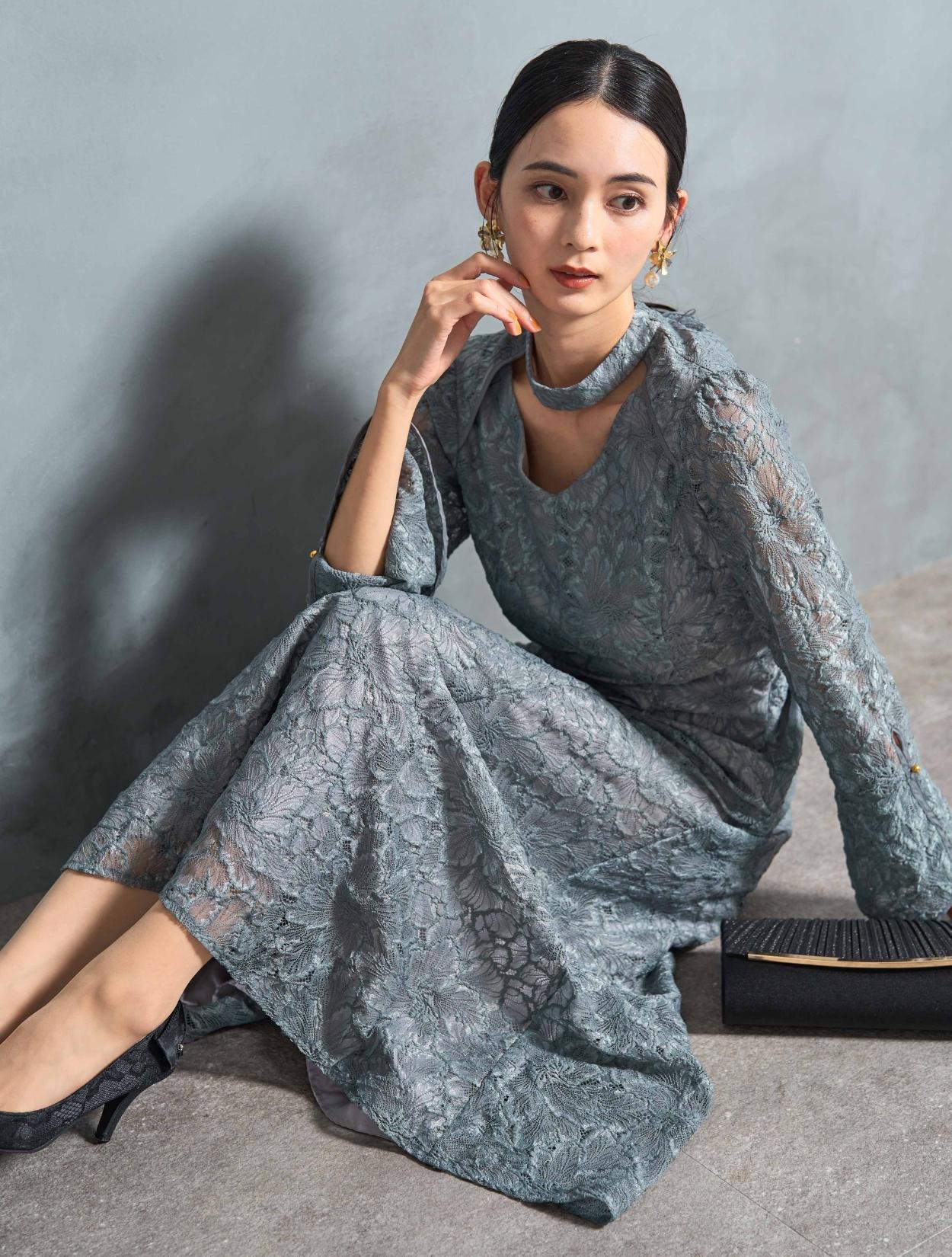 M】総フラワーレースロングスリーブドレス（Lグレー）DPSET0721の