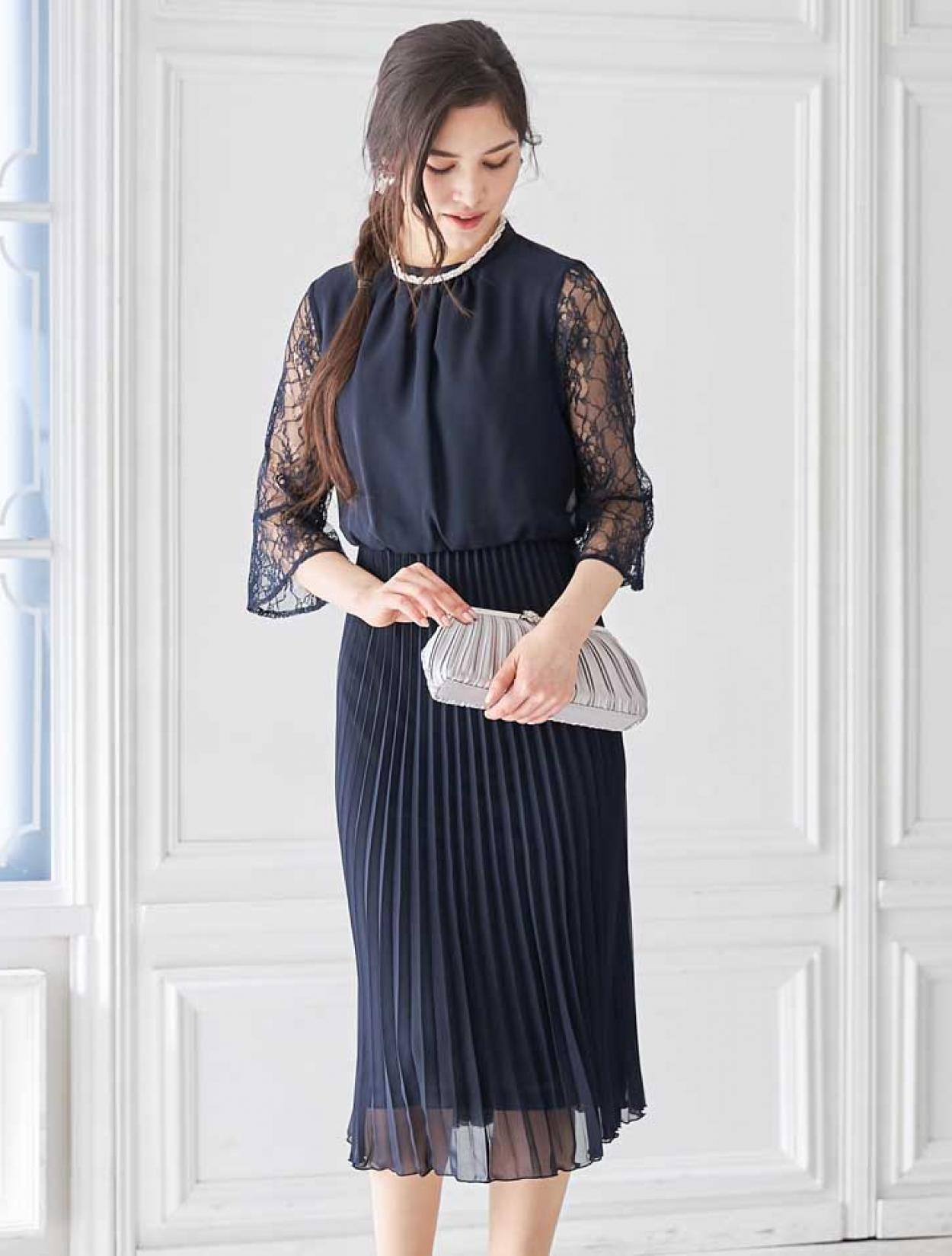 M】スタンドネックプリーツミモレ丈ドレス（ネイビー）DPSET0400の