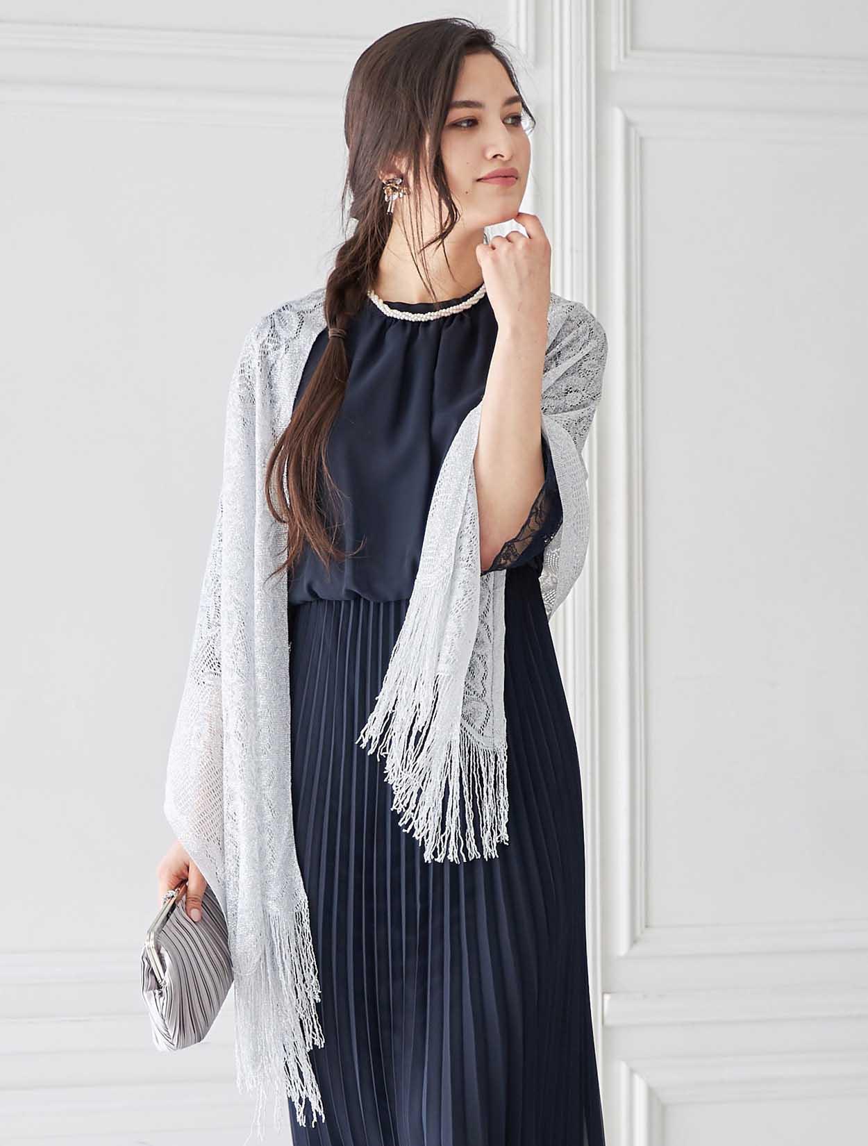 M】スタンドネックプリーツミモレ丈ドレス（ネイビー）DPSET0400の