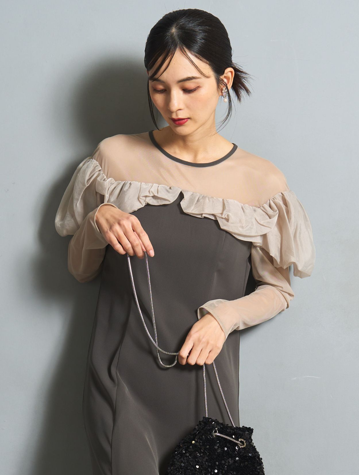 M/L】ラッフルフリルロングスリーブドレス（スモークグレー）DPSET0758