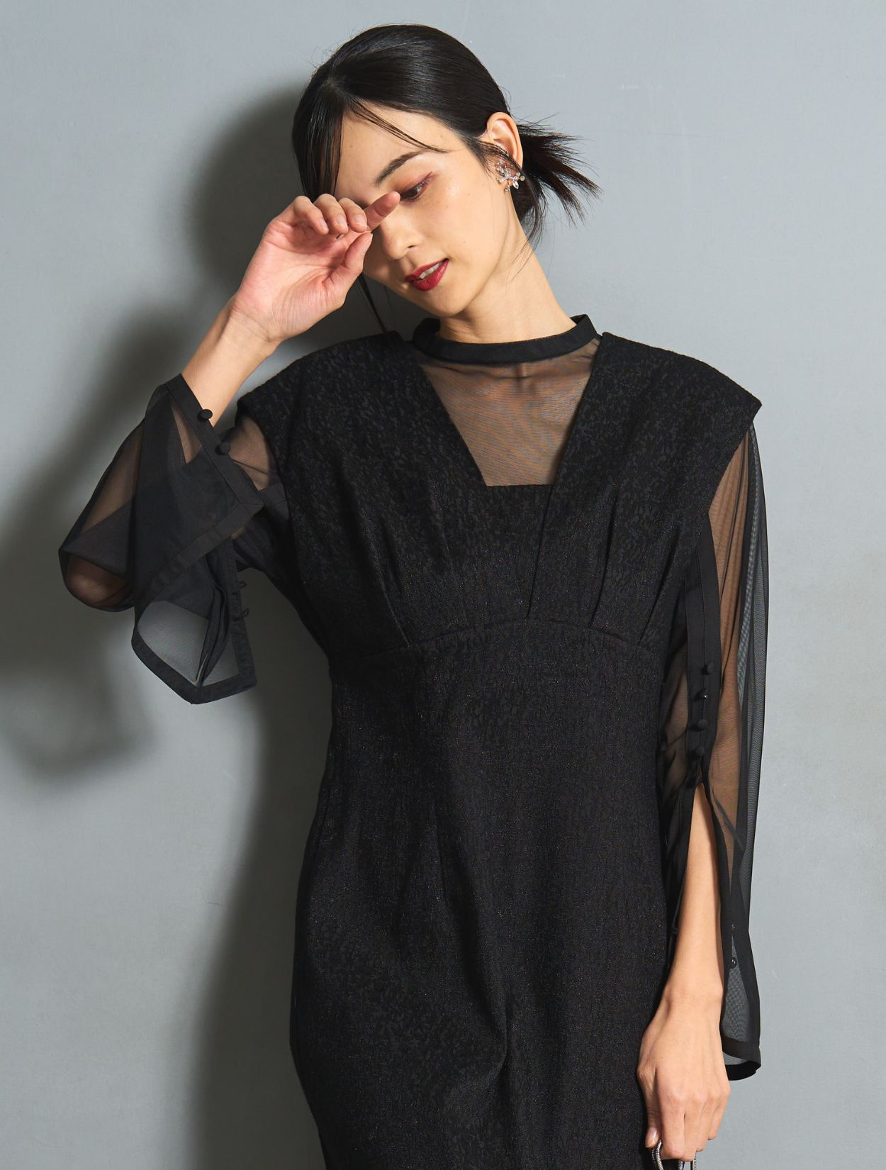 M/L】シアートップス付きジャガードドレス（ブラック）DPSET0760の