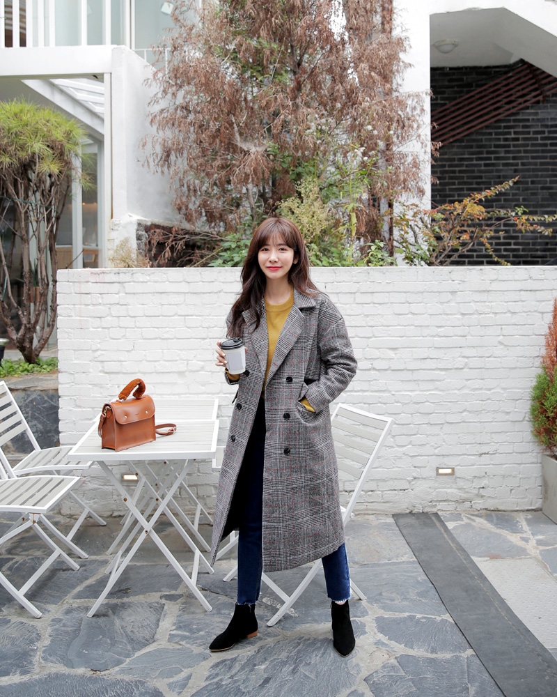 ウール混ダブルブレストロングチェックコート・全1色 | レディース