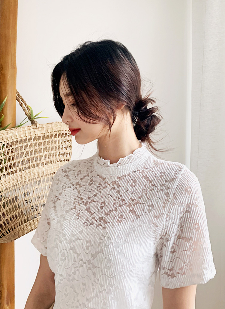 フリルネックレース半袖ブラウス・全3色 | レディースファッション通販