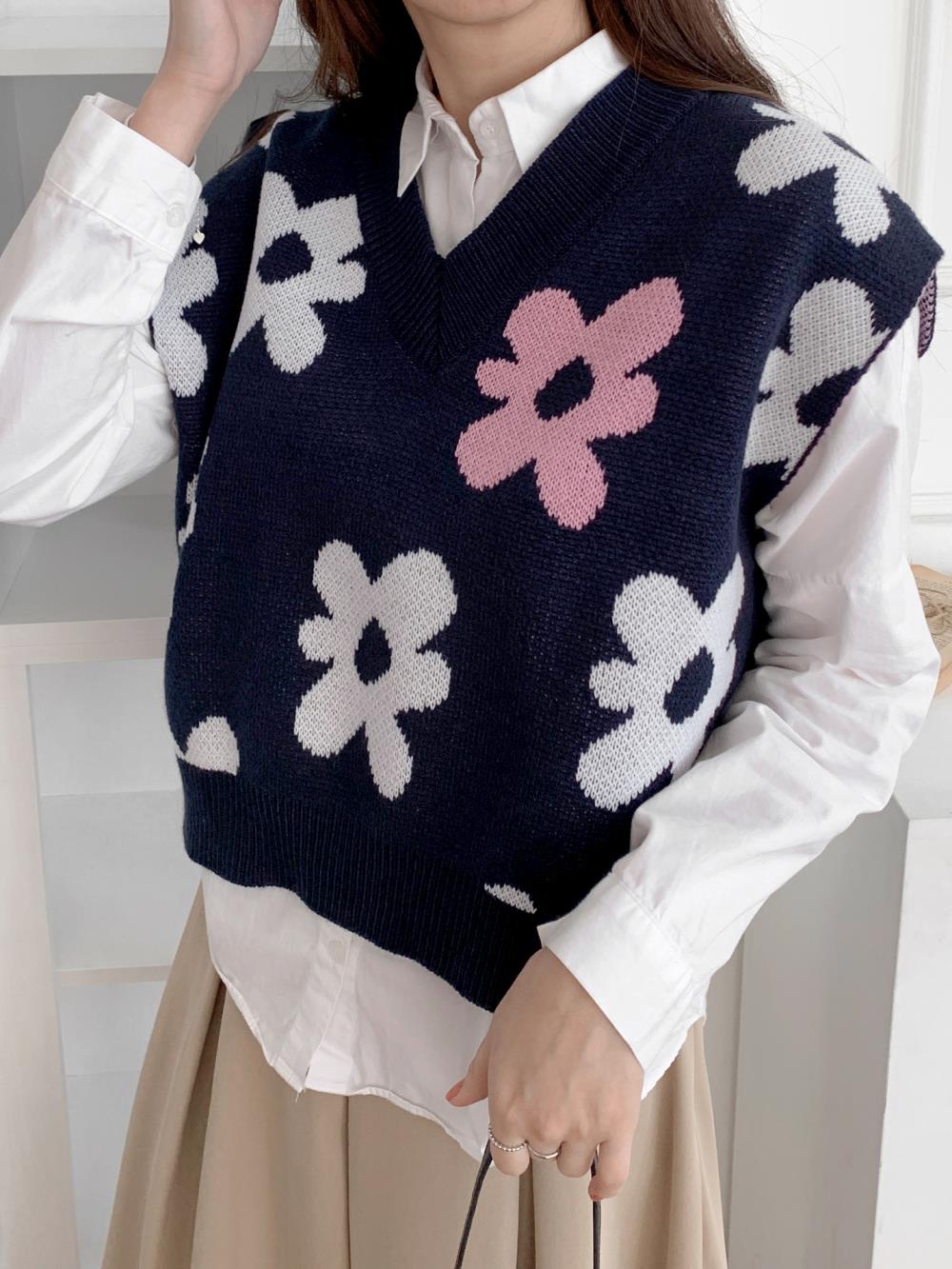 配色花柄Vネックニットベスト | レディースファッション通販 - DHOLIC
