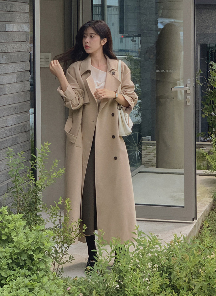 ベルト付ダブルボタンロングトレンチコート | レディースファッション