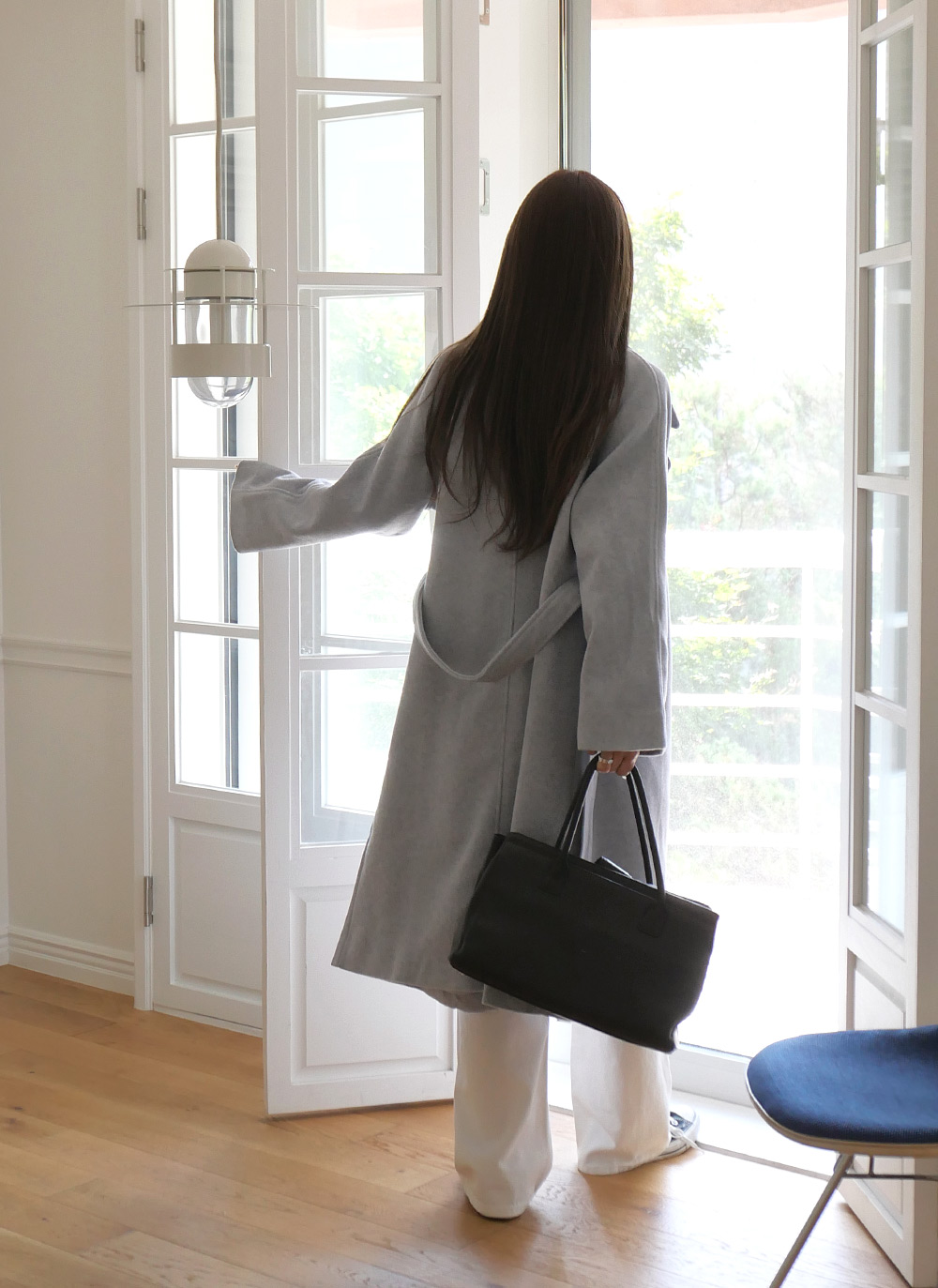 ストラップ付ウール混オープンロングコート | レディースファッション