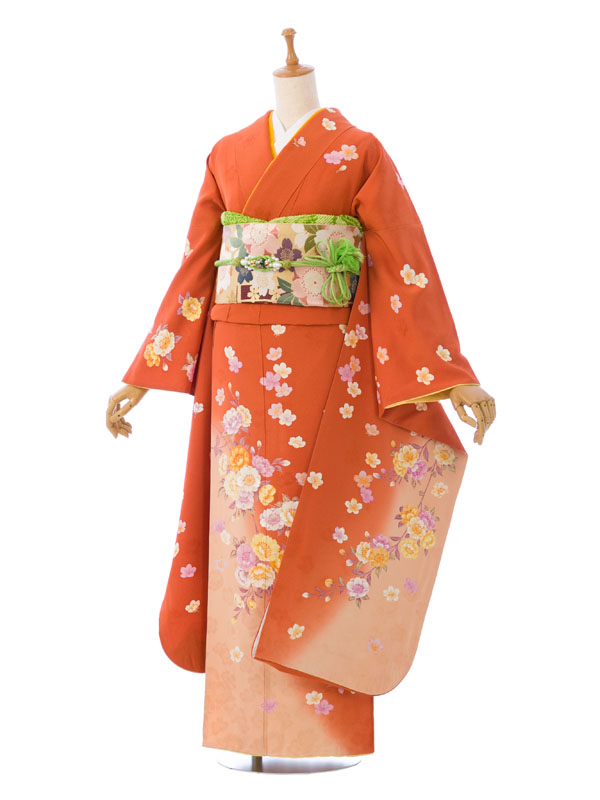 振袖|ｵﾚﾝｼﾞ系|桜 |4S951|対応身長:160-170cm|ｻｲｽﾞ:7号-13号｜全国宅配