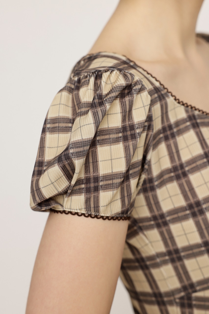 SLY | CHECK PRINT PUFF SLEEVE トップス (Tシャツ・カットソー(半袖