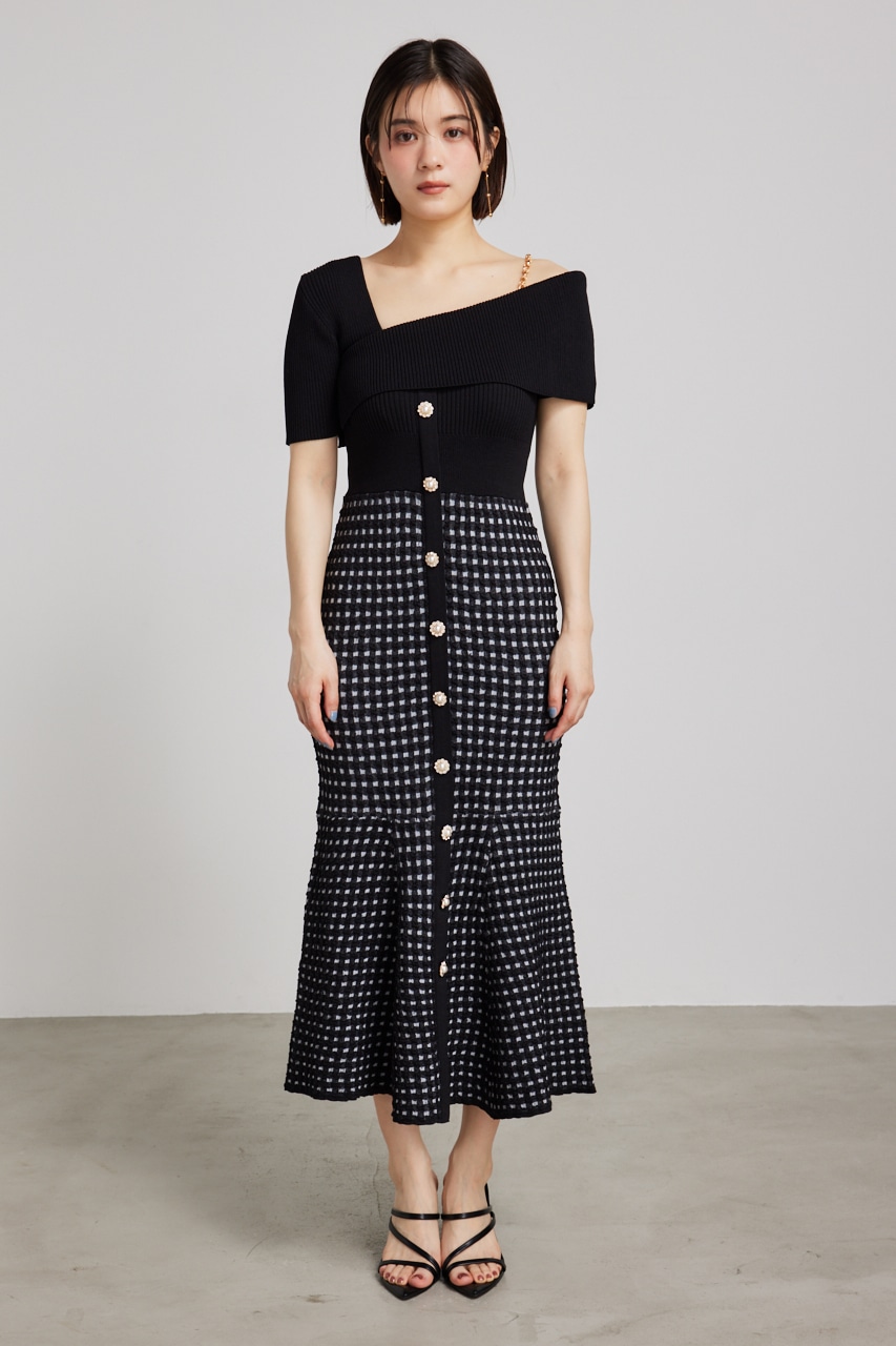 rienda | アシンメトリーツイードハーフKnit OP (ワンピース(ロング