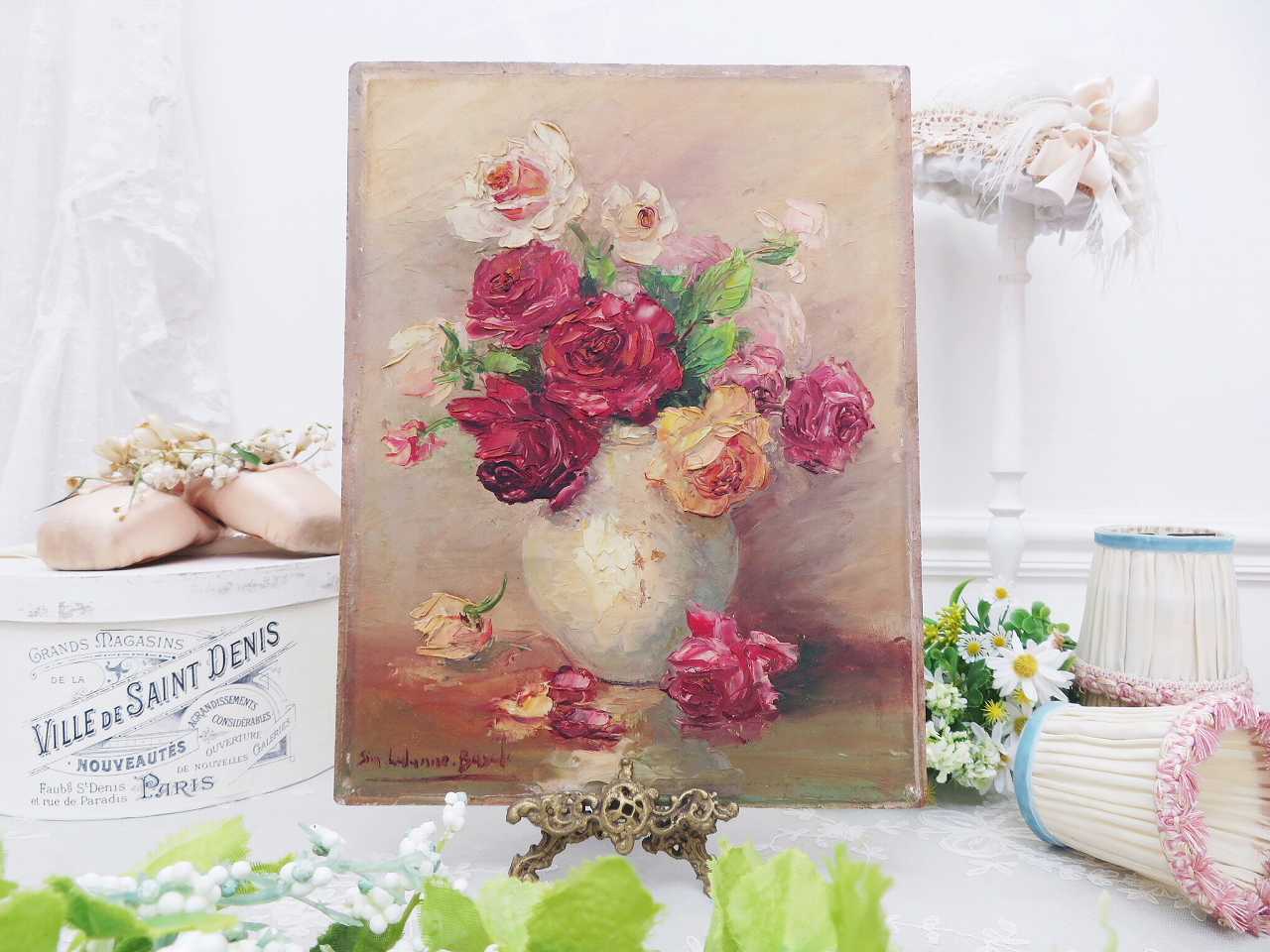 フランス静物画 薔薇の油絵 - 薔薇と天使のアンティーク