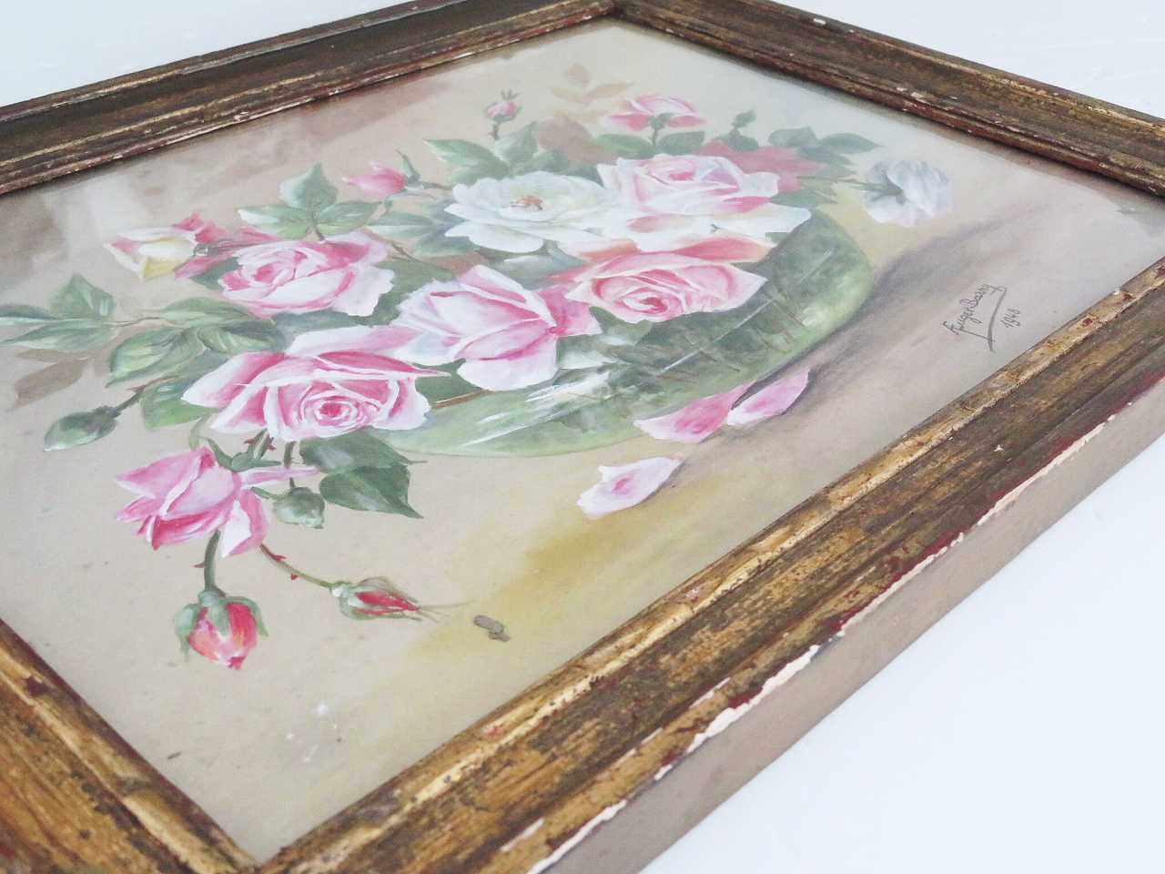 フランス水彩画 『薔薇のある風景』 - 薔薇と天使のアンティーク