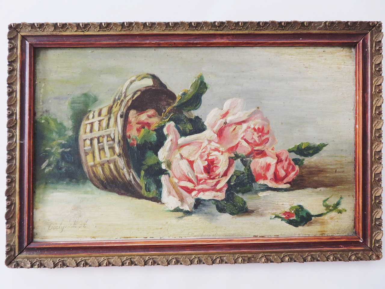 静物画油絵『薔薇の花かご』 - 薔薇と天使のアンティーク