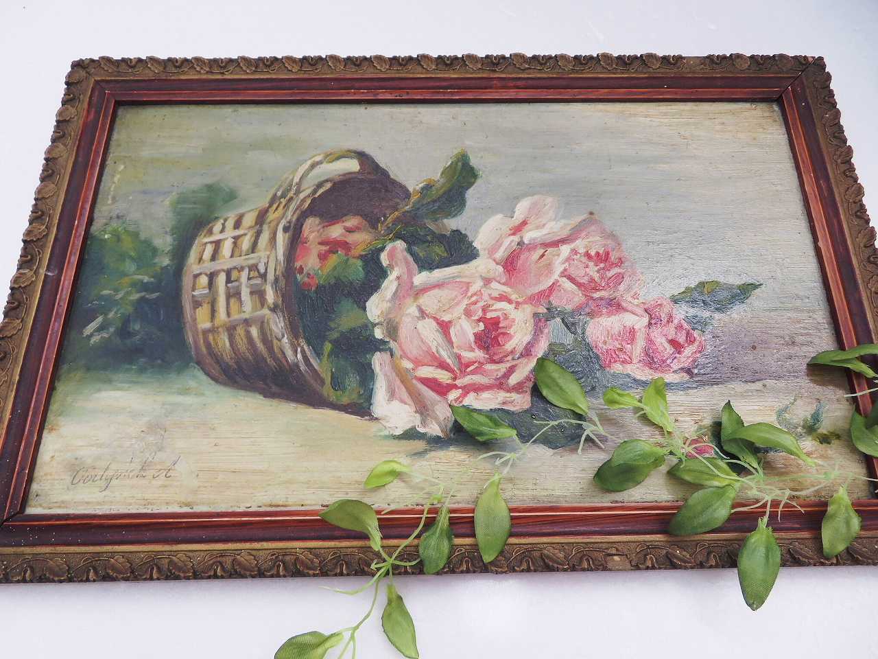 静物画油絵『薔薇の花かご』 - 薔薇と天使のアンティーク