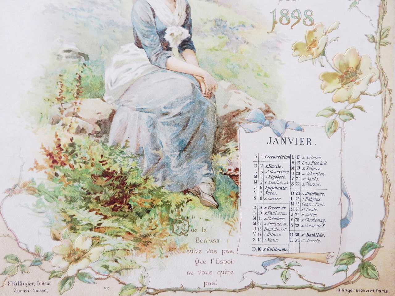 ヴィクトリアン 石版印刷 カレンダー『四季』 - 薔薇と天使のアンティーク