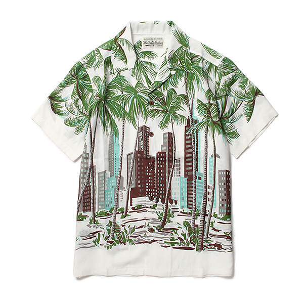 ワコマリアから限定ハワイアンシャツ、ネオンライト光るビル群×ヤシの