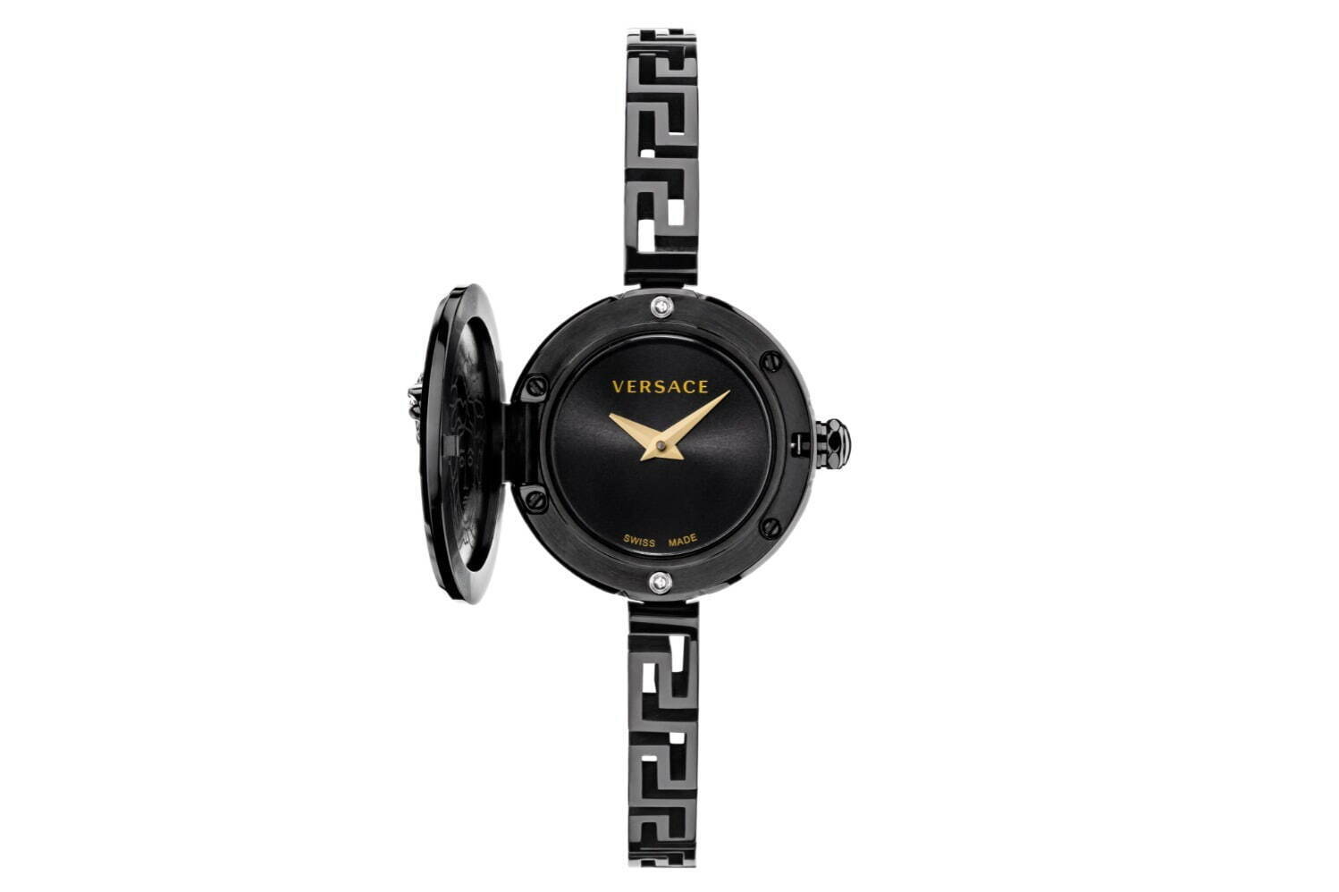ヴェルサーチェ「メドゥーサ」が“時を隠す”蓋付き腕時計、グレカ模様の