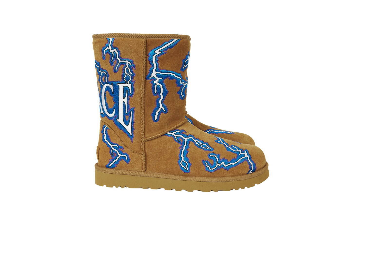UGG×パレス スケートボードのショートブーツ“稲妻＆ロゴ”刺繍、チェス