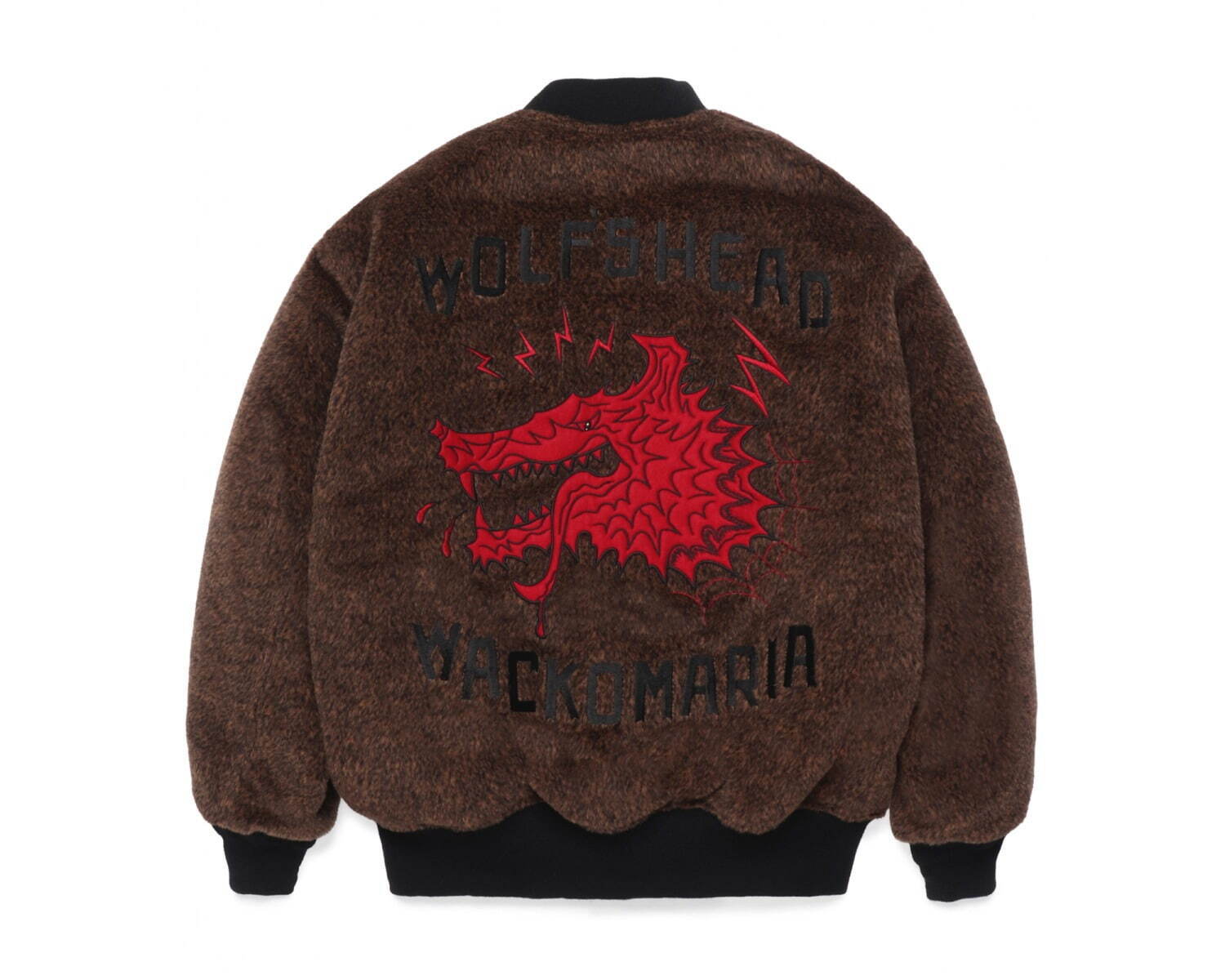 ワコマリア×ウルフズヘッド、フェイクファーの刺繍スカジャン＆背面