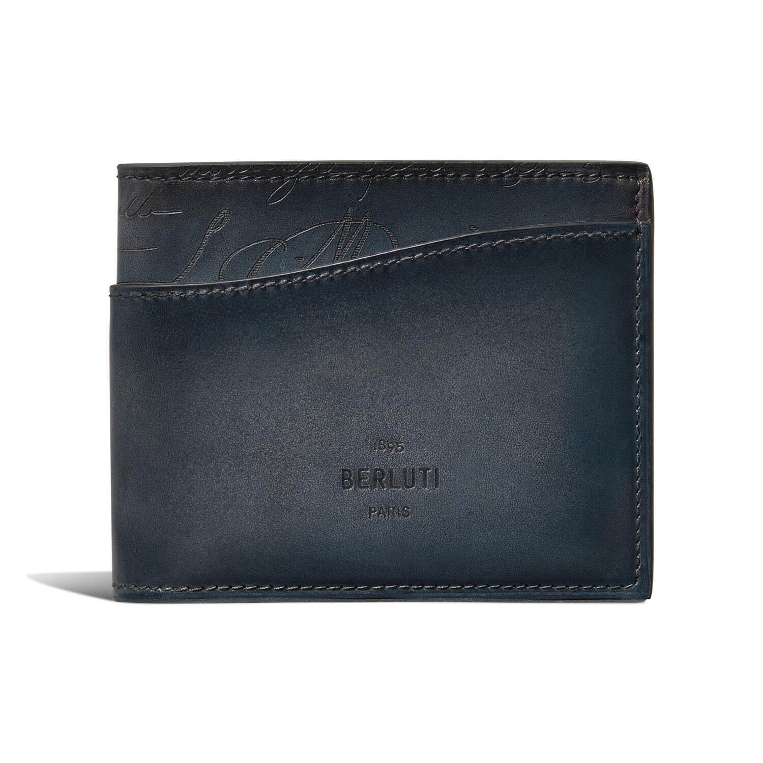 ベルルッティ“ブルーのグラデーション”二つ折り財布、スクリット入りの