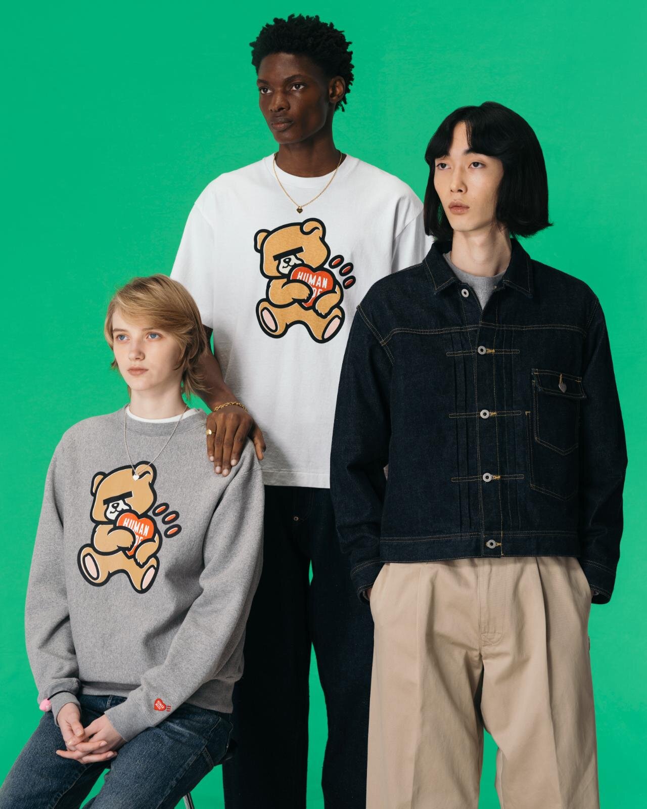 ヒューマンメイド×アンダーカバー、ハートロゴを抱えるベアのデニム
