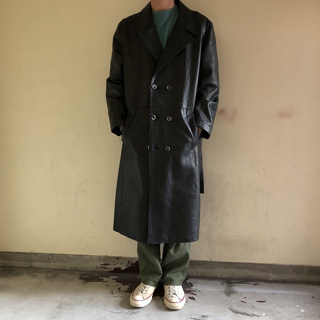 ダブルボタン ブラック 黒 人工皮革 ロングコート オーバーサイズ