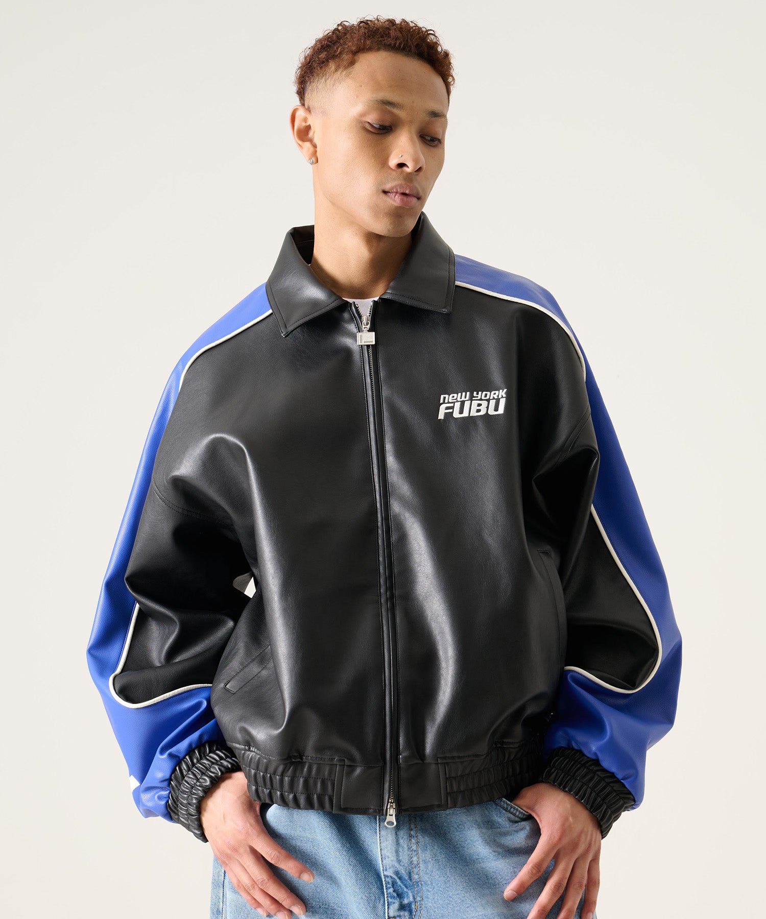 FUBU フブ レーシングモチーフのフェイクレザージャケット。FUBUは