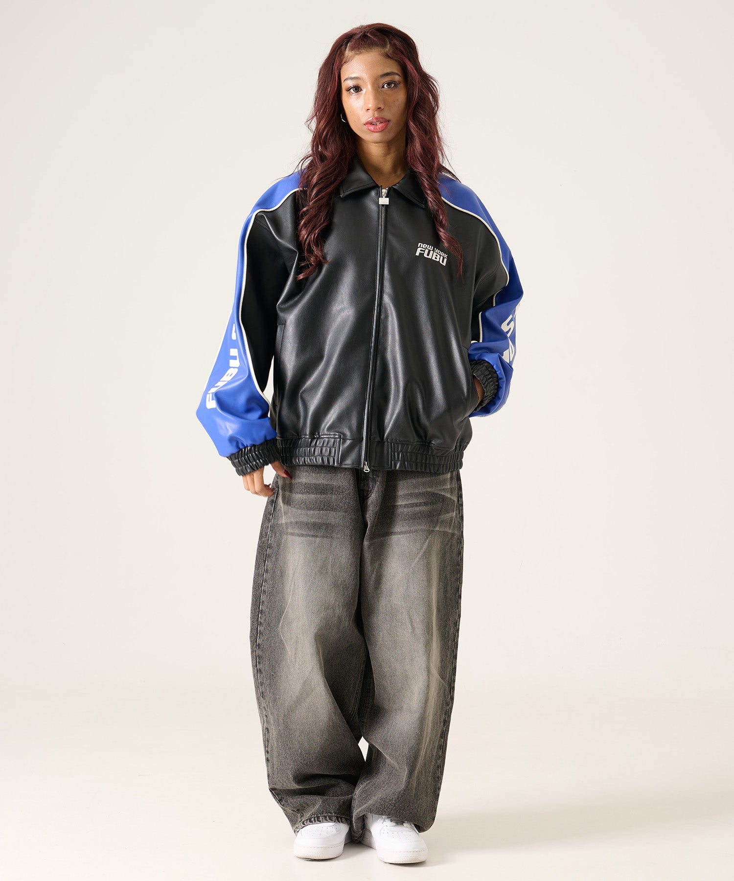 FUBU フブ レーシングモチーフのフェイクレザージャケット。FUBUは