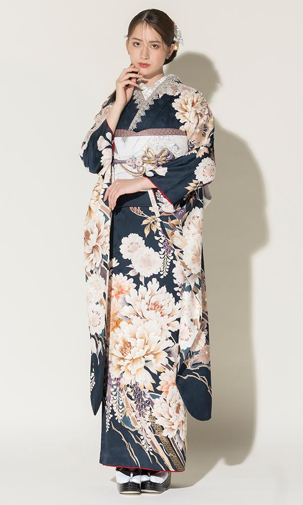 濃紺振袖に牡丹と藤の花｜振袖大好き 【菊京屋】振袖レンタル 成人式