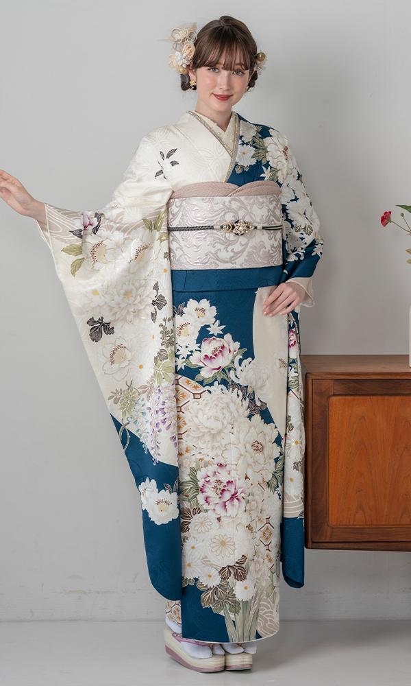 ターコイズブルーに白花々｜振袖大好き 【菊京屋】振袖レンタル 成人式