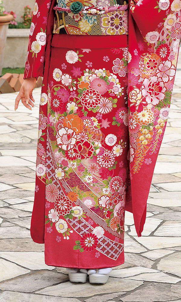 京友禅振袖・赤色・熨斗目柄┃かわいい古典【菊京屋】