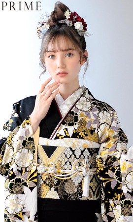 春秋くす玉文様の金彩友禅/黒｜伝統古典 【菊京屋】振袖レンタル 成人