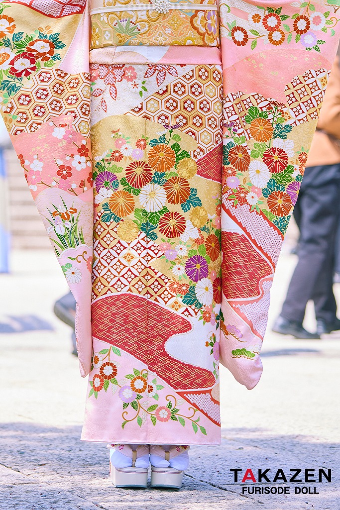 プレミアム古典 吉澤織物/最高級染繍桶絞り友禅 ピンク/白/金 菊柄