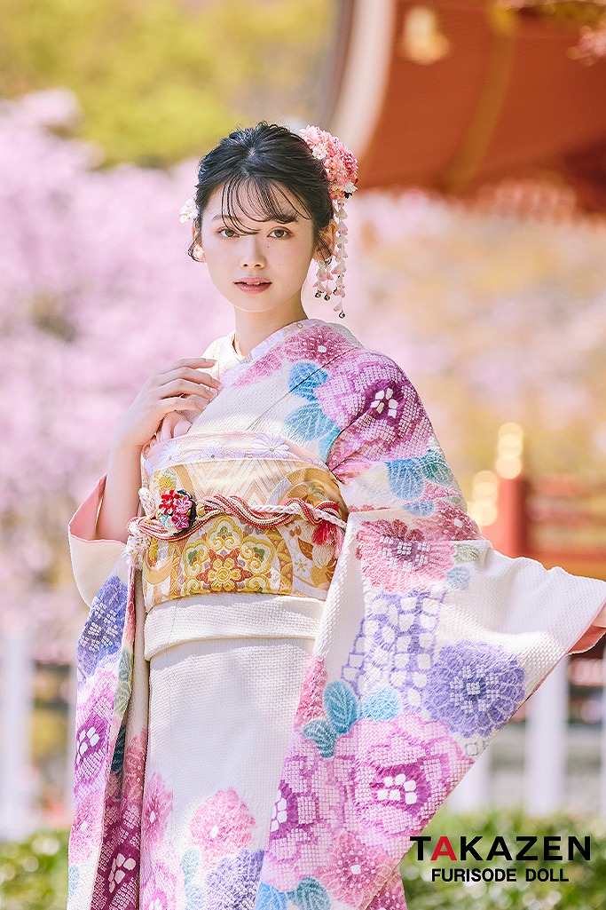 最上級“藤娘きぬたや” 白/ピンク 藤の花 総絞り振袖ネットレンタル