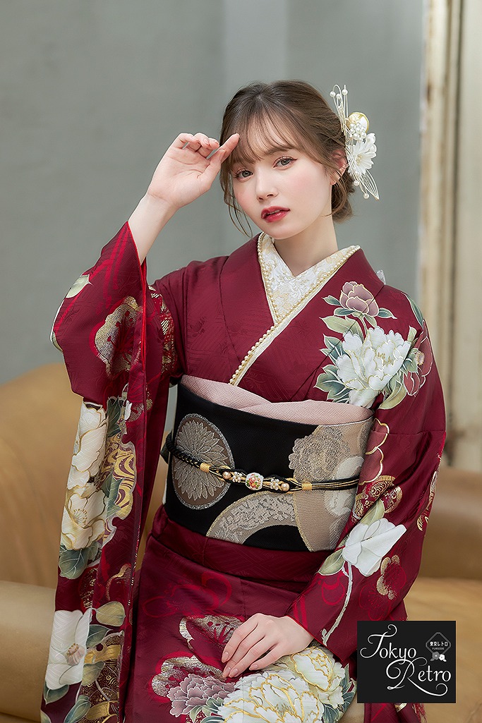 東京レトロ振袖ネットレンタル ワインレッド 牡丹柄/椿柄 正統派古典