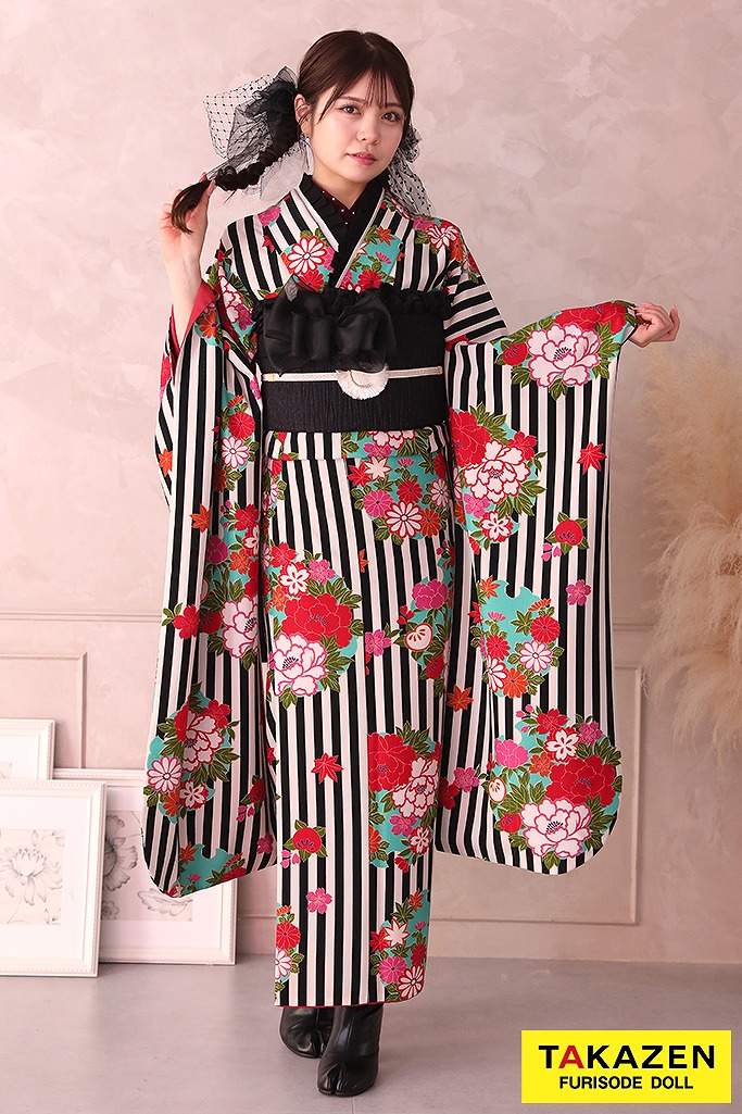 激安レトロ 黒/白 ストライプ柄 人気 派手 個性的 レトロモダン振袖