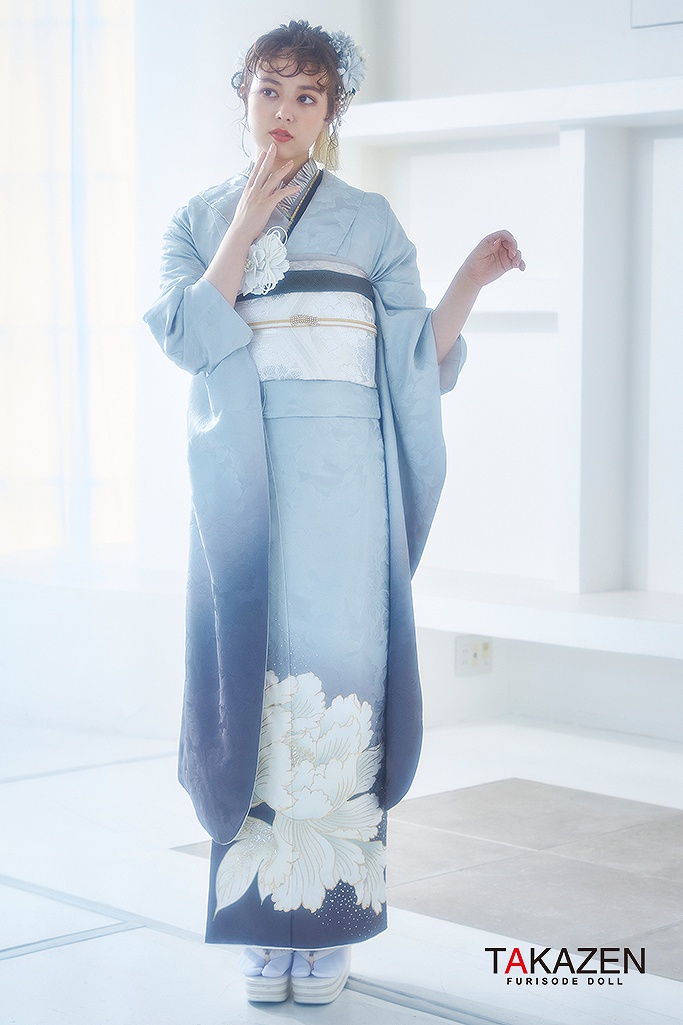 くすみカラーエレガント 青(くすみブルー)グラデーション 牡丹柄/ワン