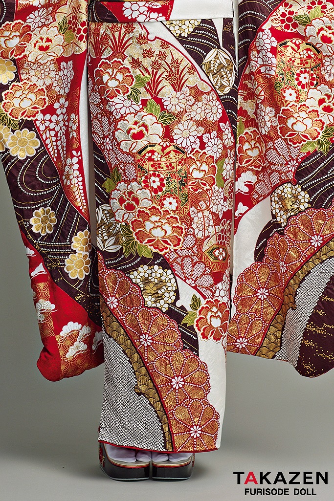 最高級古典柄振袖 滝泰/最高級金彩刺繍絞り友禅 赤/金 貝桶柄/牡丹柄