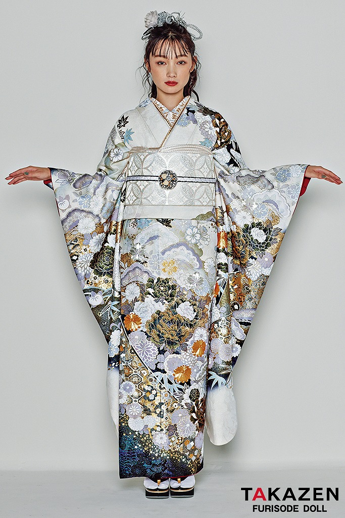 粋古典 白/グレー/金 牡丹柄 シック 白地 渋い振袖 大人っぽい 花魁風