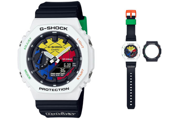 Rubik's Cube x G-Shock GAE-2100RC-1A with the six colors of the