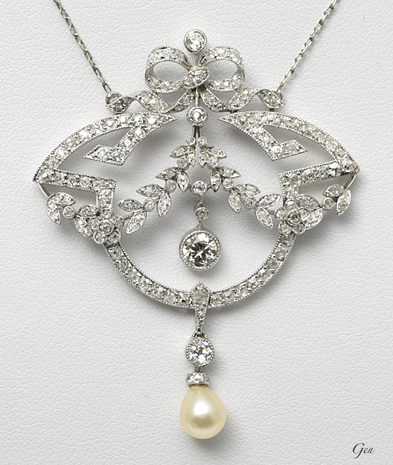 初期アールデコ ダイヤモンド＆天然真珠 ネックレス アンティーク