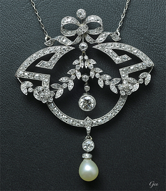 初期アールデコ ダイヤモンド＆天然真珠 ネックレス アンティーク