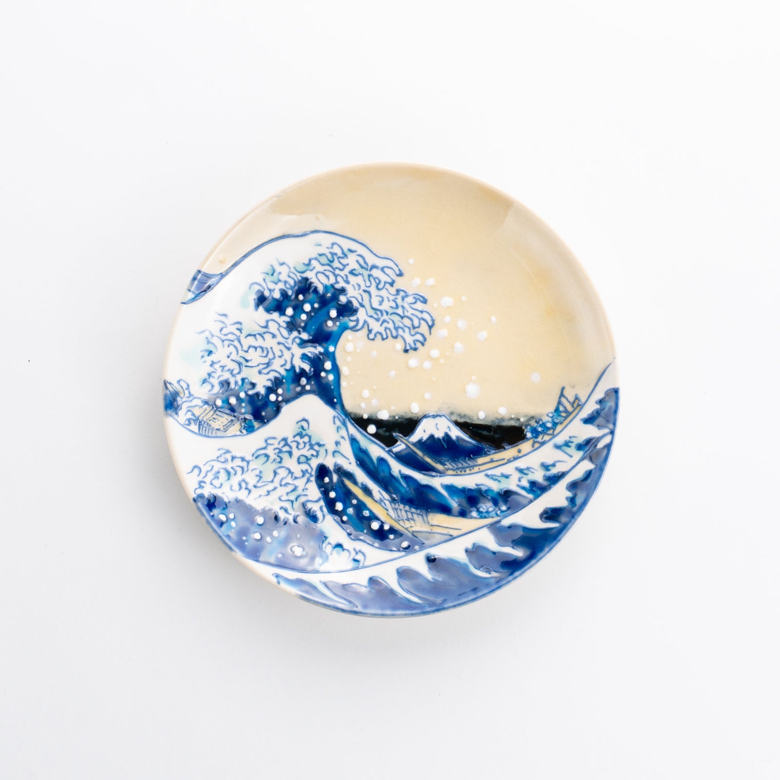 京都 清水焼】4寸飾皿 北斎写「富嶽三十六景 神奈川沖浪裏」 山本一如