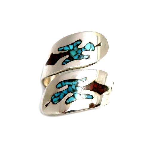 インディアンジュエリー リング ナバホ族 コーラル＆ターコイズ チップ