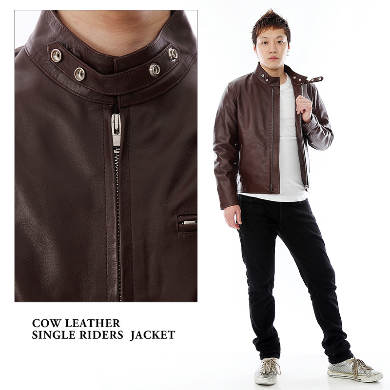 牛革 シングルライダースジャケット メンズ ブラウン S/M/L/LL/3L/4L